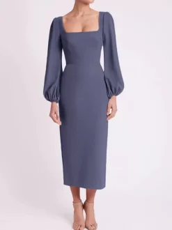 Robe de mariée pour mère col carré manches longues longueur thé robes d'invitées pour mariage