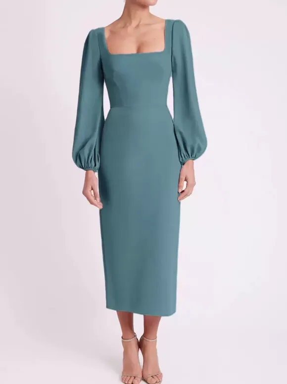 Robe de mariée pour mère col carré manches longues longueur thé robes d'invitées pour mariage