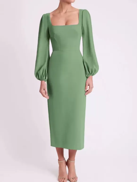 Robe de mariée pour mère col carré manches longues longueur thé robes d'invitées pour mariage