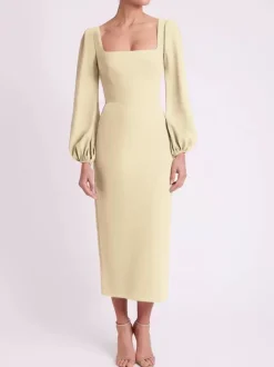 Robe de mariée pour mère col carré manches longues longueur thé robes d'invitées pour mariage