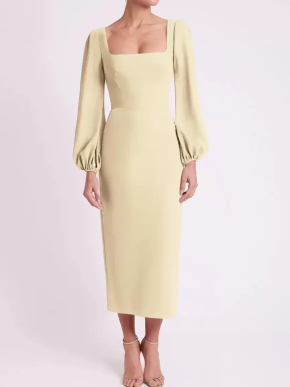 Robe de mariée pour mère col carré manches longues longueur thé robes d'invitées pour mariage