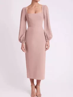 Robe de mariée pour mère col carré manches longues longueur thé robes d'invitées pour mariage