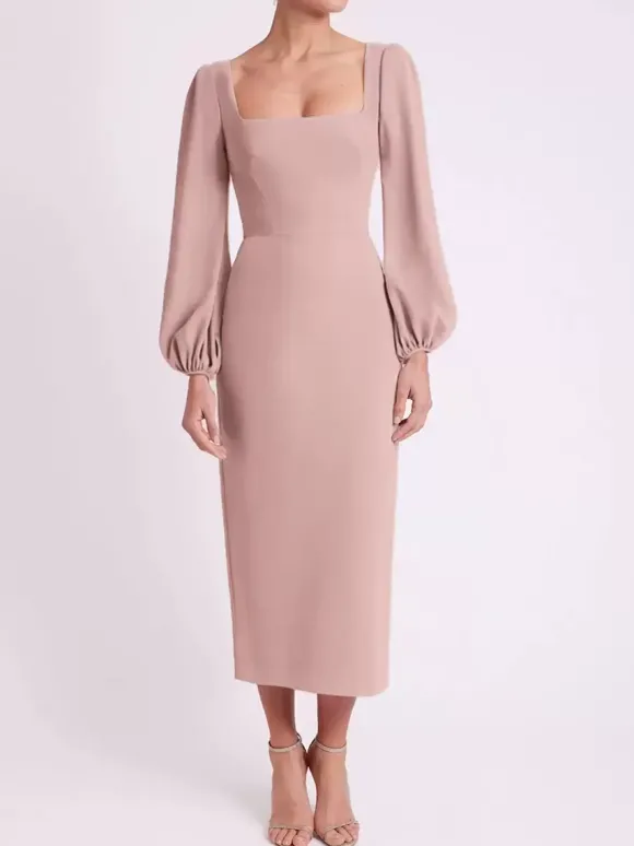 Robe de mariée pour mère col carré manches longues longueur thé robes d'invitées pour mariage
