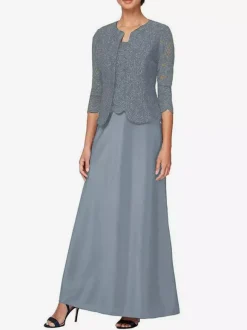 Robe de mariée pour mère col en bijou manches 3/4 robes d'invitées en dentelle sirène pour mariage