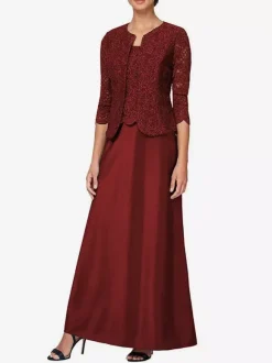 Robe de mariée pour mère col en bijou manches 3/4 robes d'invitées en dentelle sirène pour mariage