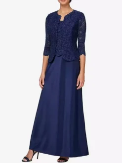 Robe de mariée pour mère col en bijou manches 3/4 robes d'invitées en dentelle sirène pour mariage