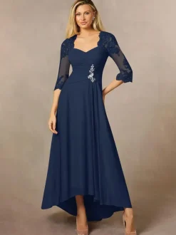 Robe de mariée pour mère col en c艙ur manches 3/4 ligne a robes d'invitées en dentelle pour mariage