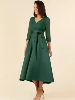 Robe de mariée pour mère col en V demi-manches ligne a ceinture longueur thé robes d'invitées de mariage