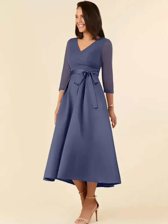 Robe de mariée pour mère col en V demi-manches ligne a ceinture longueur thé robes d'invitées de mariage