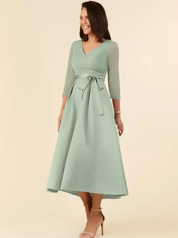 Robe de mariée pour mère col en V demi-manches ligne a ceinture longueur thé robes d'invitées de mariage