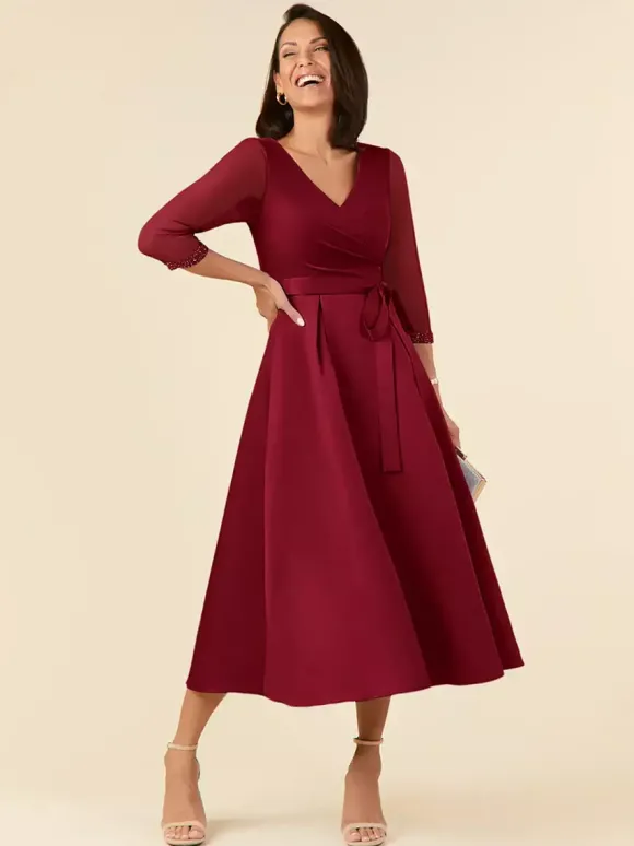 Robe de mariée pour mère col en V demi-manches ligne a ceinture longueur thé robes d'invitées de mariage