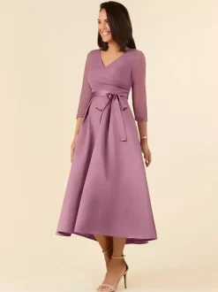 Robe de mariée pour mère col en V demi-manches ligne a ceinture longueur thé robes d'invitées de mariage