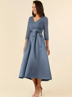 Robe de mariée pour mère col en V demi-manches ligne a ceinture longueur thé robes d'invitées de mariage