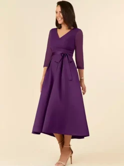 Robe de mariée pour mère col en V demi-manches ligne a ceinture longueur thé robes d'invitées de mariage