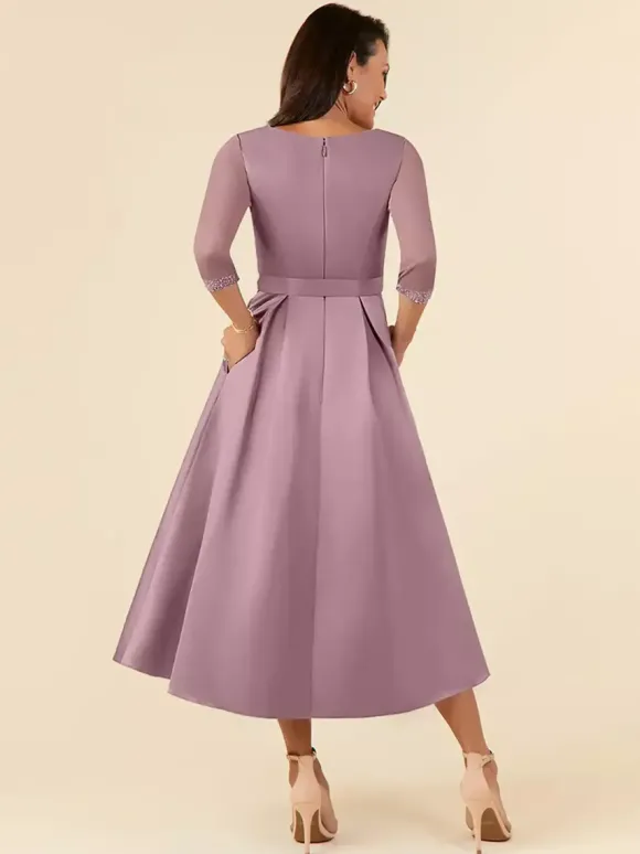 Robe de mariée pour mère col en V demi-manches ligne a ceinture longueur thé robes d'invitées de mariage