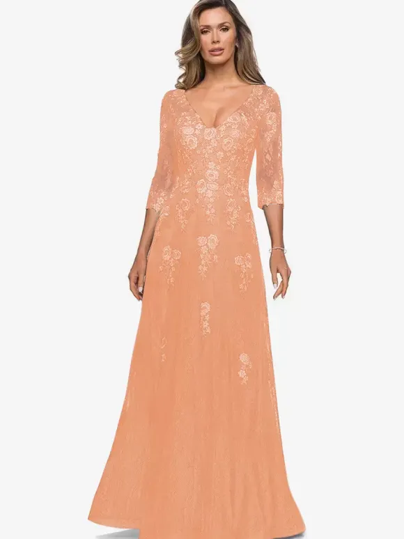 Robe de mariée pour mère col en v demi-manches ligne a robes d'invitées en dentelle pour mariage