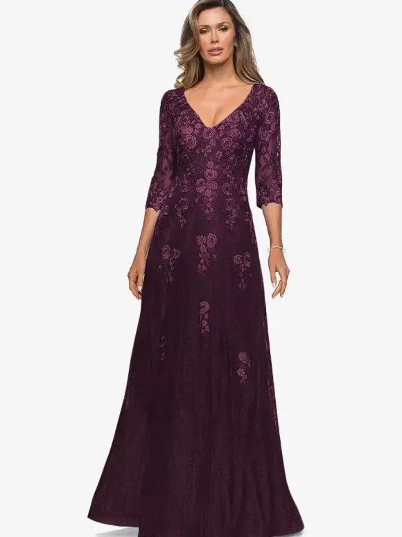 Robe de mariée pour mère col en v demi-manches ligne a robes d'invitées en dentelle pour mariage