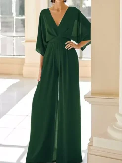Robe de mariée pour mère col en V demi-manches combinaison robes d'invitées de mariage