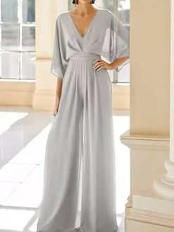 Robe de mariée pour mère col en V demi-manches combinaison robes d'invitées de mariage