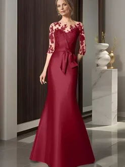 Robe de mariée pour mère décolleté illusion manches 3/4 n艙uds robes d'invitées de mariage sirène