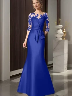 Robe de mariée pour mère décolleté illusion manches 3/4 n艙uds robes d'invitées de mariage sirène