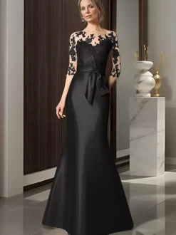 Robe de mariée pour mère décolleté illusion manches 3/4 n艙uds robes d'invitées de mariage sirène