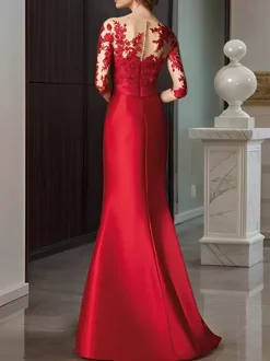 Robe de mariée pour mère décolleté illusion manches 3/4 n艙uds robes d'invitées de mariage sirène