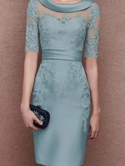 Robe de mariée pour mère de la mariée col à bijoux demi-manches dentelle longueur thé robes d'invitées pour mariage personnalisation gratuite
