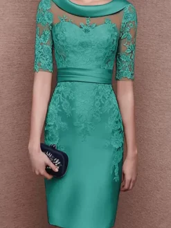 Robe de mariée pour mère de la mariée col à bijoux demi-manches dentelle longueur thé robes d'invitées pour mariage personnalisation gratuite
