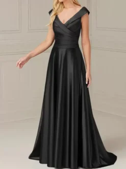Robe de mariée pour mère de la mariée col en V sans manches ligne a plissée longueur au sol robes d'invitées de mariage