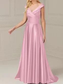 Robe de mariée pour mère de la mariée col en V sans manches ligne a plissée longueur au sol robes d'invitées de mariage