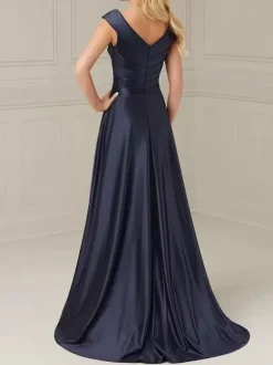 Robe de mariée pour mère de la mariée col en V sans manches ligne a plissée longueur au sol robes d'invitées de mariage