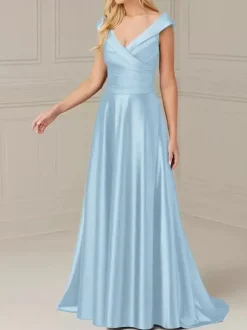 Robe de mariée pour mère de la mariée col en V sans manches ligne a plissée longueur au sol robes d'invitées de mariage