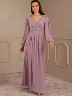 Robe de mariée pour mère de la mariée col en V manches longues ligne a longueur au sol robes d'invitées de mariage