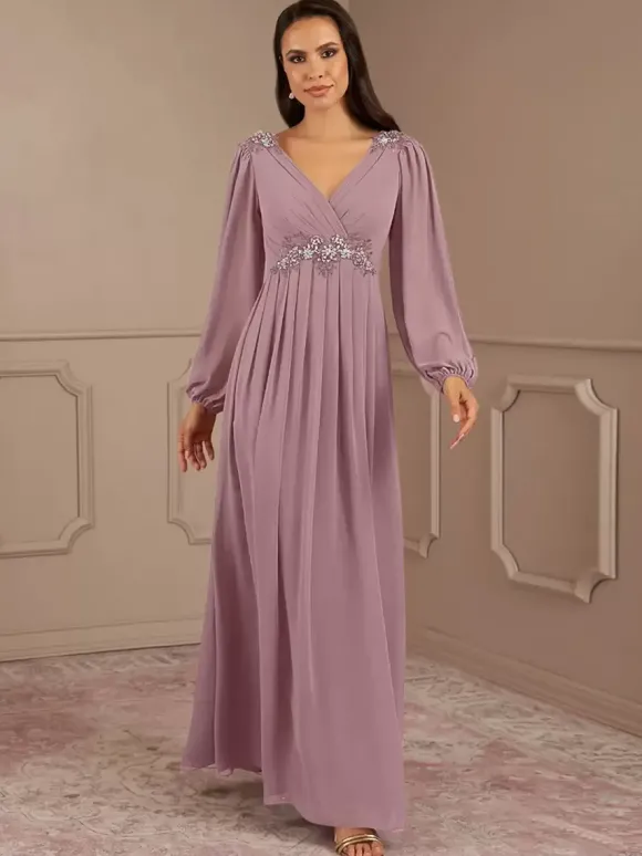 Robe de mariée pour mère de la mariée col en V manches longues ligne a longueur au sol robes d'invitées de mariage