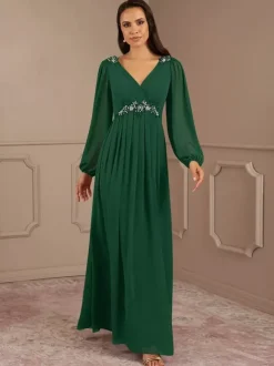 Robe de mariée pour mère de la mariée col en V manches longues ligne a longueur au sol robes d'invitées de mariage