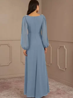 Robe de mariée pour mère de la mariée col en V manches longues ligne a longueur au sol robes d'invitées de mariage