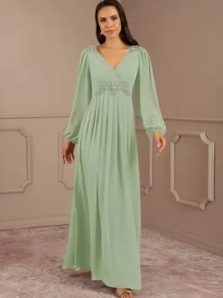 Robe de mariée pour mère de la mariée col en V manches longues ligne a longueur au sol robes d'invitées de mariage