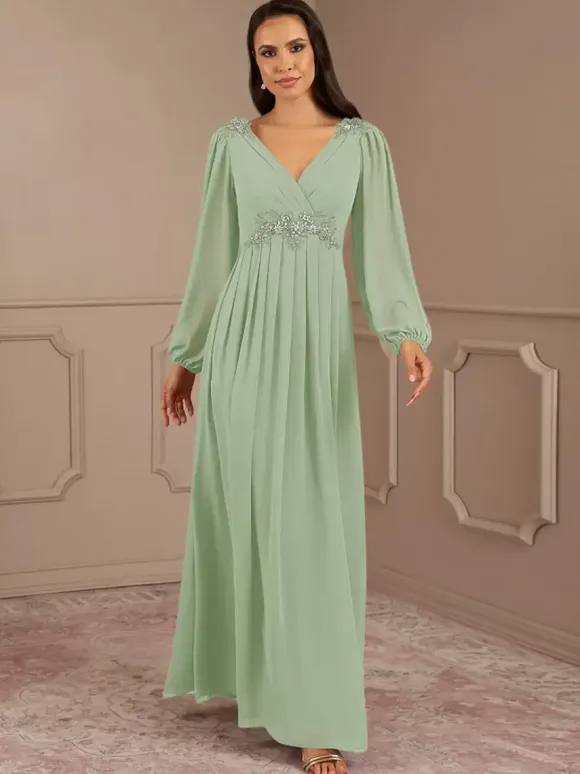 Robe de mariée pour mère de la mariée col en V manches longues ligne a longueur au sol robes d'invitées de mariage