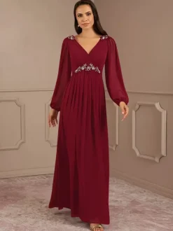 Robe de mariée pour mère de la mariée col en V manches longues ligne a longueur au sol robes d'invitées de mariage