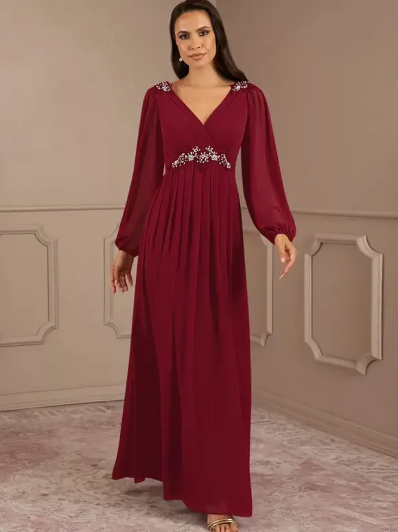 Robe de mariée pour mère de la mariée col en V manches longues ligne a longueur au sol robes d'invitées de mariage