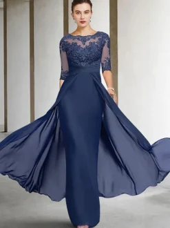 Robe de mariée pour mère de la mariée  col à bijoux  demi-manches  gaine en dentelle  longueur au sol  robes d'invitées de mariage  personnalisation gratuite