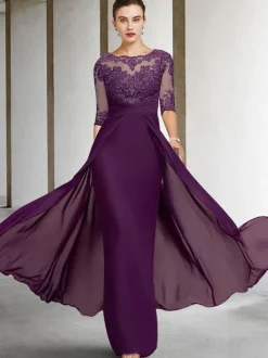 Robe de mariée pour mère de la mariée  col à bijoux  demi-manches  gaine en dentelle  longueur au sol  robes d'invitées de mariage  personnalisation gratuite