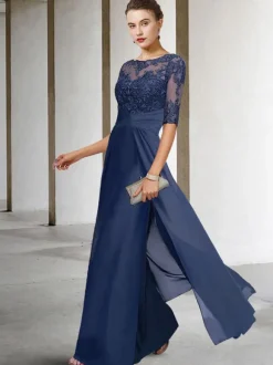 Robe de mariée pour mère de la mariée  col à bijoux  demi-manches  gaine en dentelle  longueur au sol  robes d'invitées de mariage  personnalisation gratuite