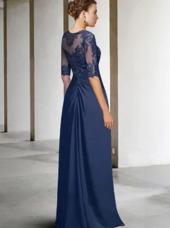 Robe de mariée pour mère de la mariée  col à bijoux  demi-manches  gaine en dentelle  longueur au sol  robes d'invitées de mariage  personnalisation gratuite