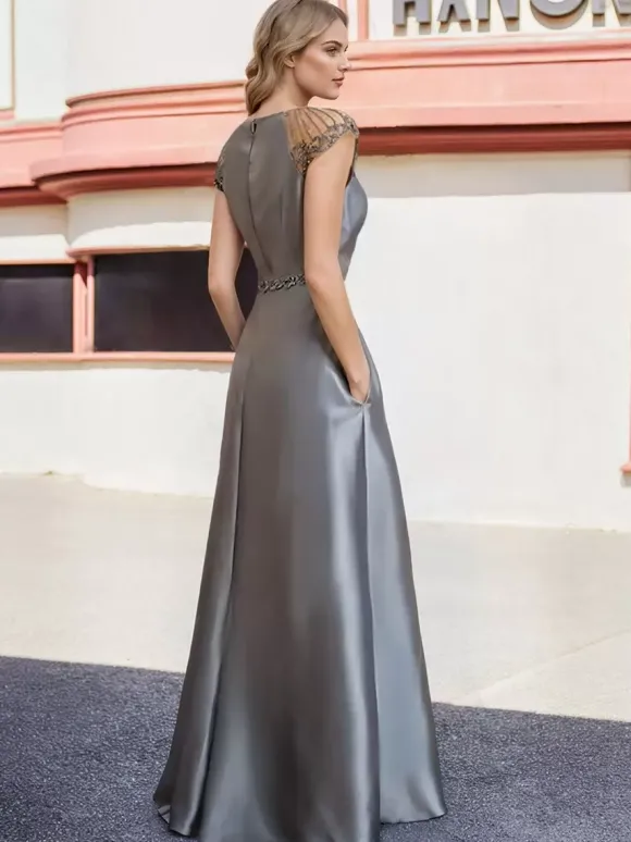 Robe de mariée pour mère de la mariée col en V manches courtes ligne A perles longueur au sol robes d'invitées de mariage