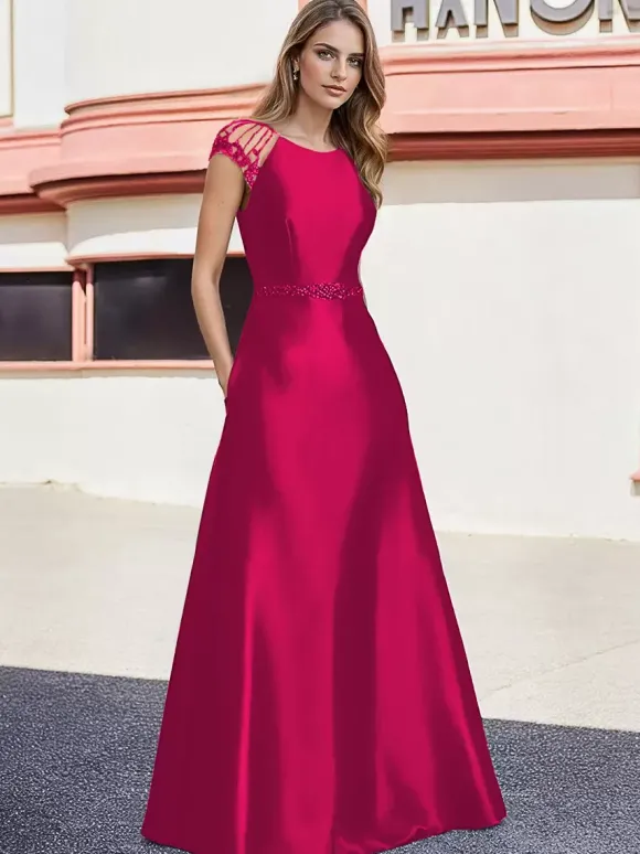 Robe de mariée pour mère de la mariée col en V manches courtes ligne A perles longueur au sol robes d'invitées de mariage