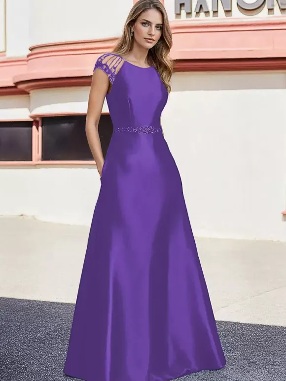 Robe de mariée pour mère de la mariée col en V manches courtes ligne A perles longueur au sol robes d'invitées de mariage