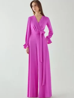 Robe de mariée pour mère de la mariée col en V manches longues combinaison avec n艙uds longueur au sol robes d'invitées de mariage