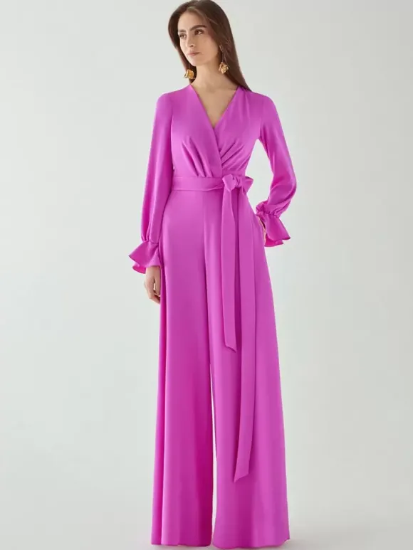 Robe de mariée pour mère de la mariée col en V manches longues combinaison avec n艙uds longueur au sol robes d'invitées de mariage